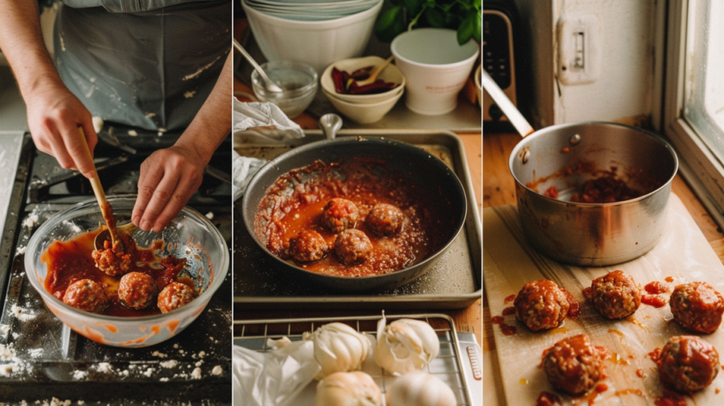 Cooking process collage showing how to mix, shape, bake, and glaze ginger meatballs.