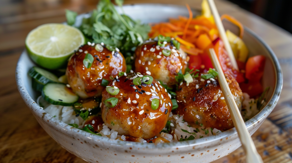 Ginger meatballs in a rice bowl with vegetables, sauce, lime, and herbs.