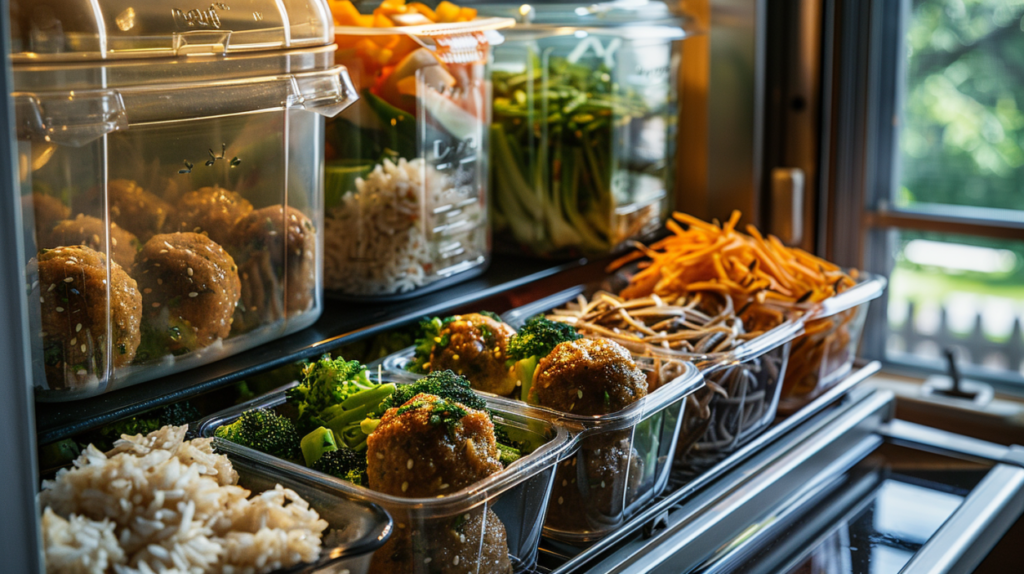 Refrigerator shelf with lunch containers holding ginger meatballs, rice, and veggies.