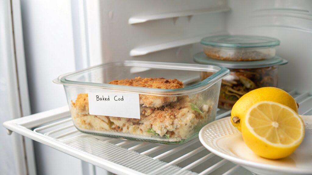 Stored Baked Cod with lemon in a glass container inside the fridge.