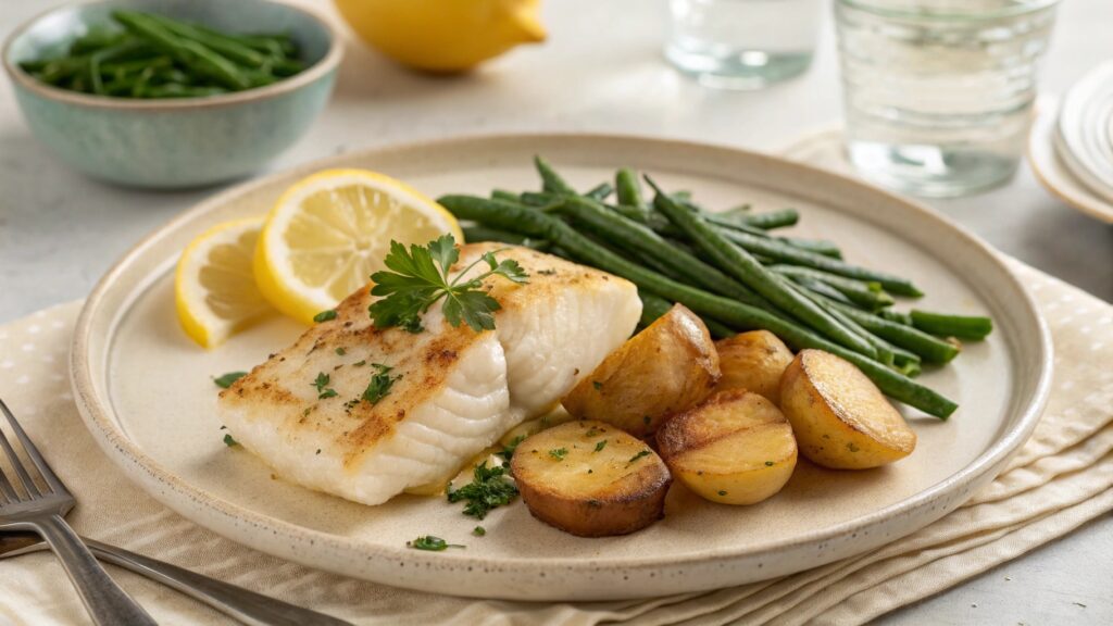 Baked Cod served with sides of green beans and roasted potatoes.