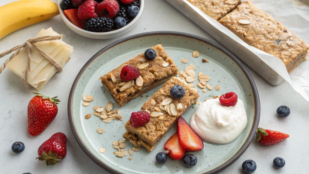 Banana oatmeal bars served with yogurt, berries, almond butter, and wrapped for on-the-go.