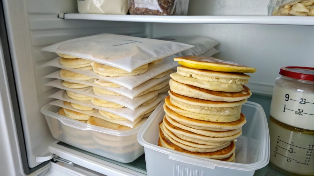 Banana pancakes stored in containers and freezer bags for later use