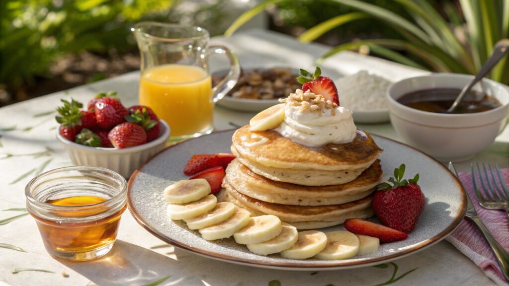 Banana pancakes served with Greek yogurt, berries, syrup, and juice