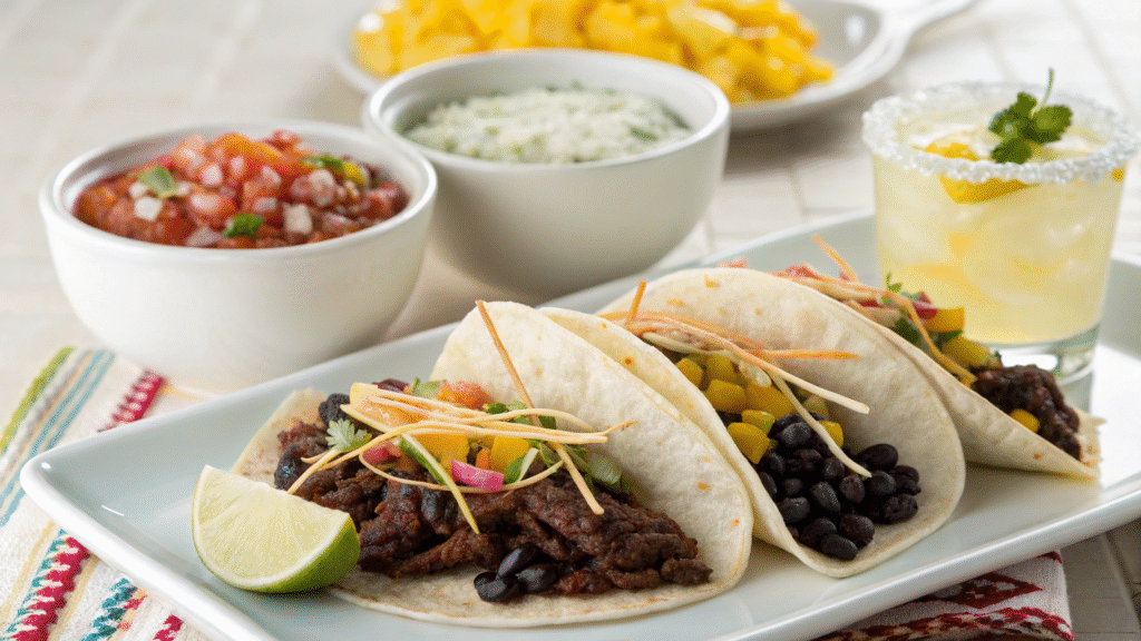 Barbacoa tacos plated with black beans, rice, and mango salsa alongside a margarita.
