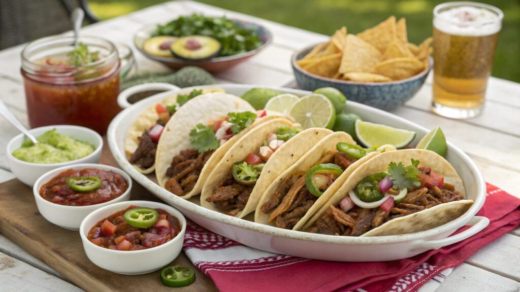 Barbecue Tacos served on a platter with assorted toppings and sides.