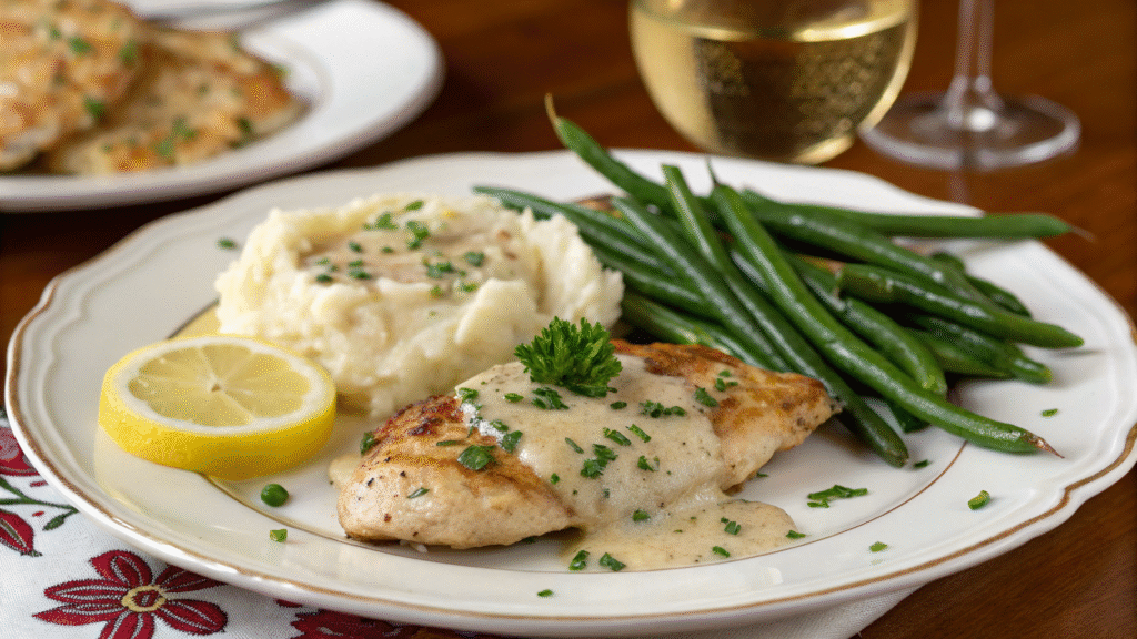 Creamy parmesan chicken served with mashed potatoes and green beans.