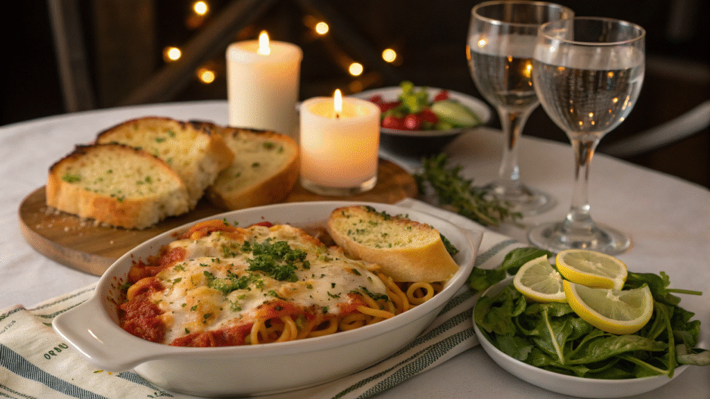 Shrimp pasta bake served with garlic bread and salad on a cozy dinner table.