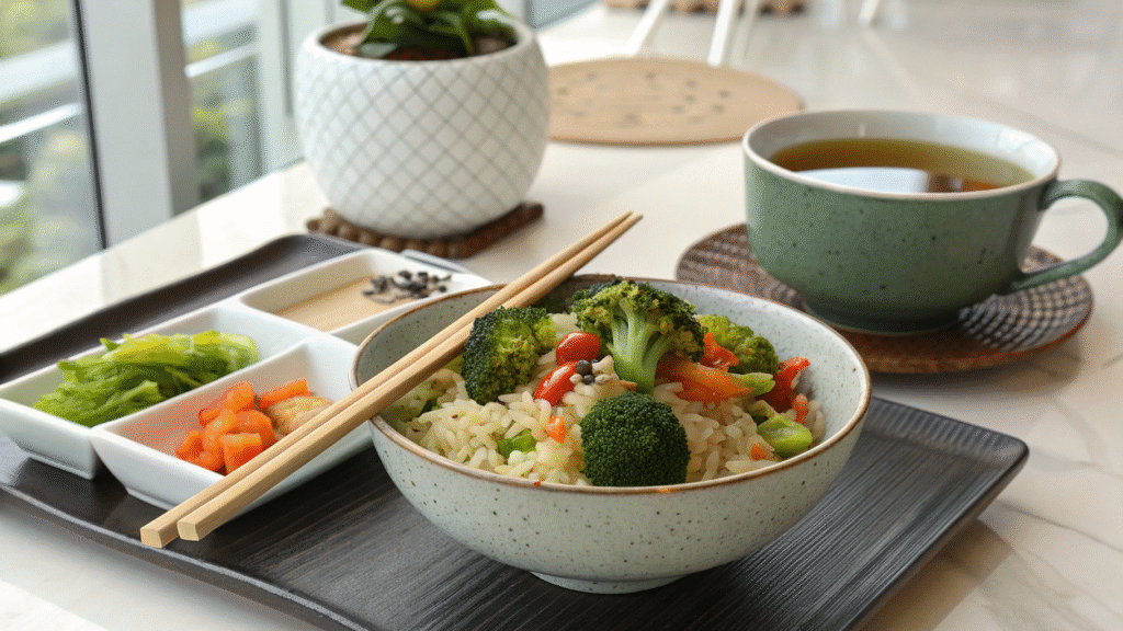 Beef and cabbage stir fry served in a bowl with rice, broccoli, and pickled veggies, with tea on the side.