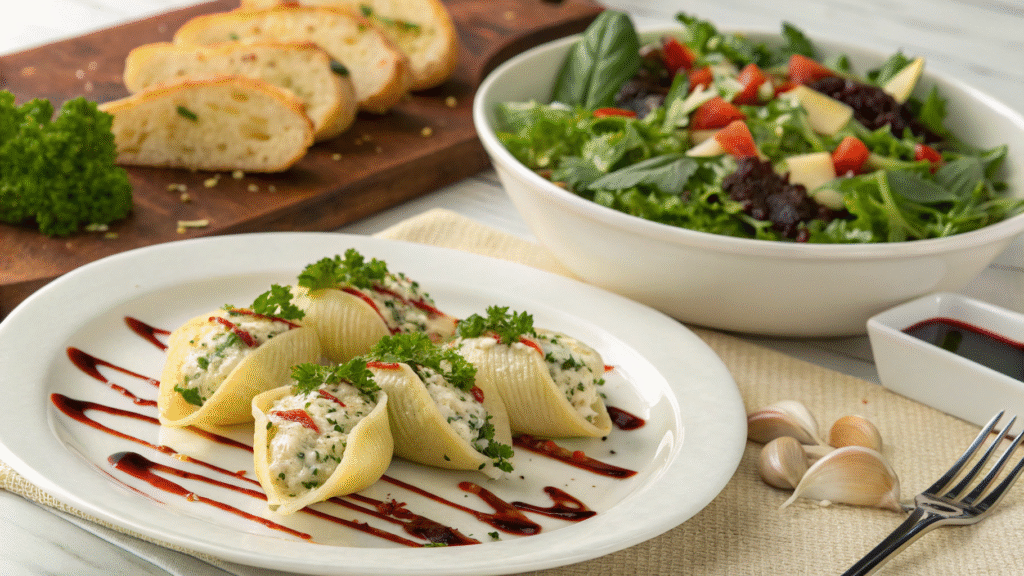 Stuffed shells on a plate with salad, garlic bread, and greens on a bright dinner table.