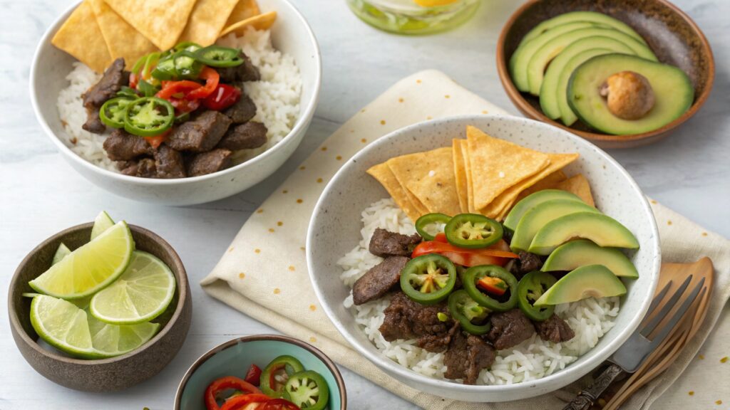 Beef and Pepper Rice Bowls with sides like salad, avocado, and wonton chips