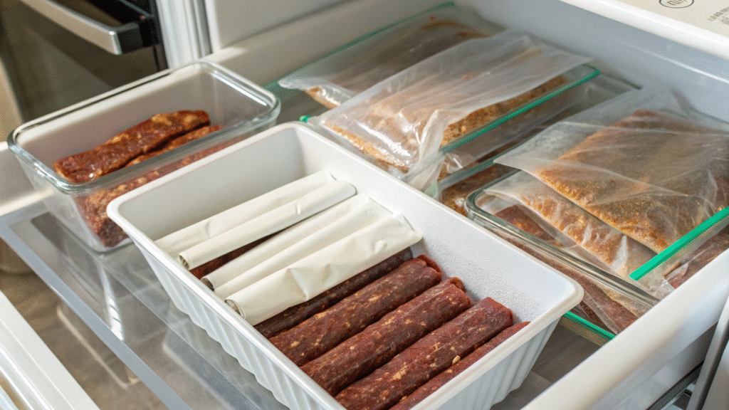 Beef sticks wrapped and stored in containers and freezer bags in the fridge.