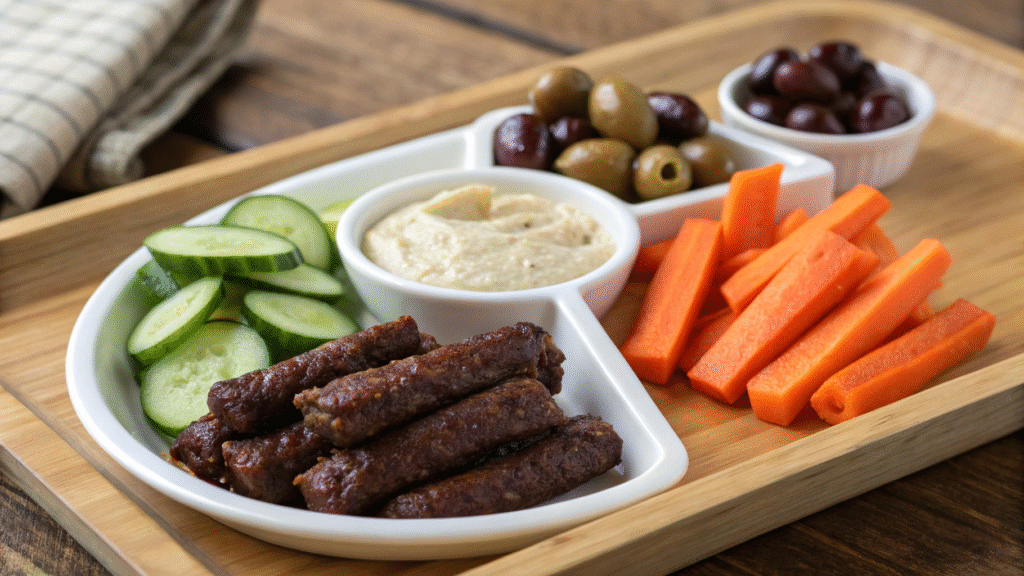Beef sticks on a plate with veggies and hummus, styled for a balanced snack.