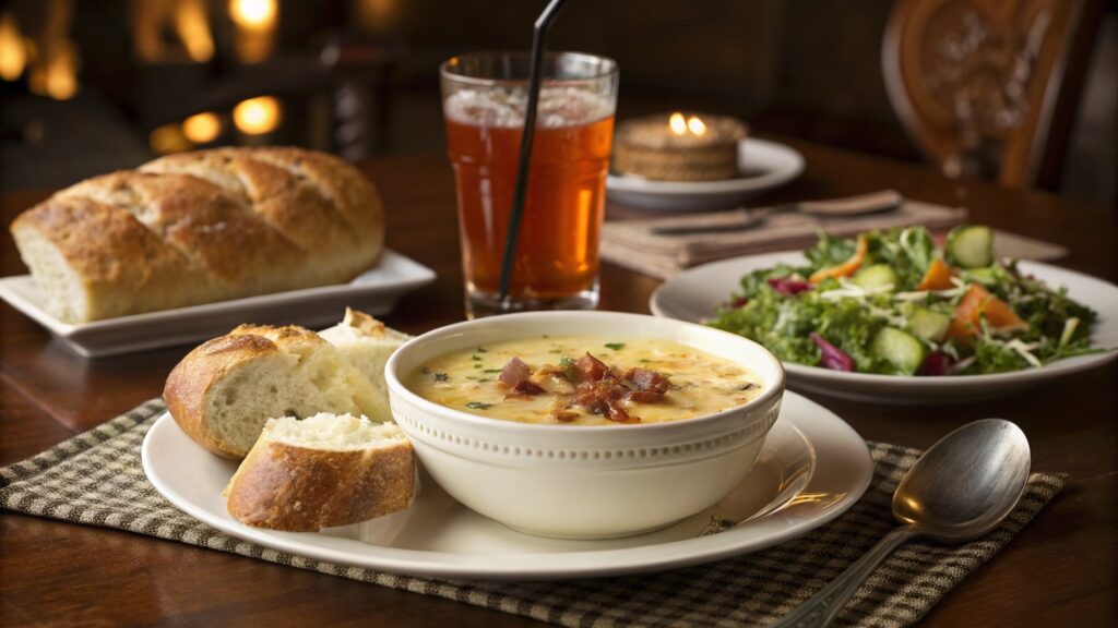 Baked potato soup served with bread, salad, and iced tea