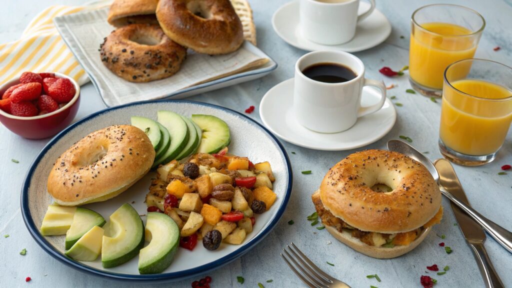 Breakfast bagels served with hash browns, fruit salad, and avocado on a colorful brunch table