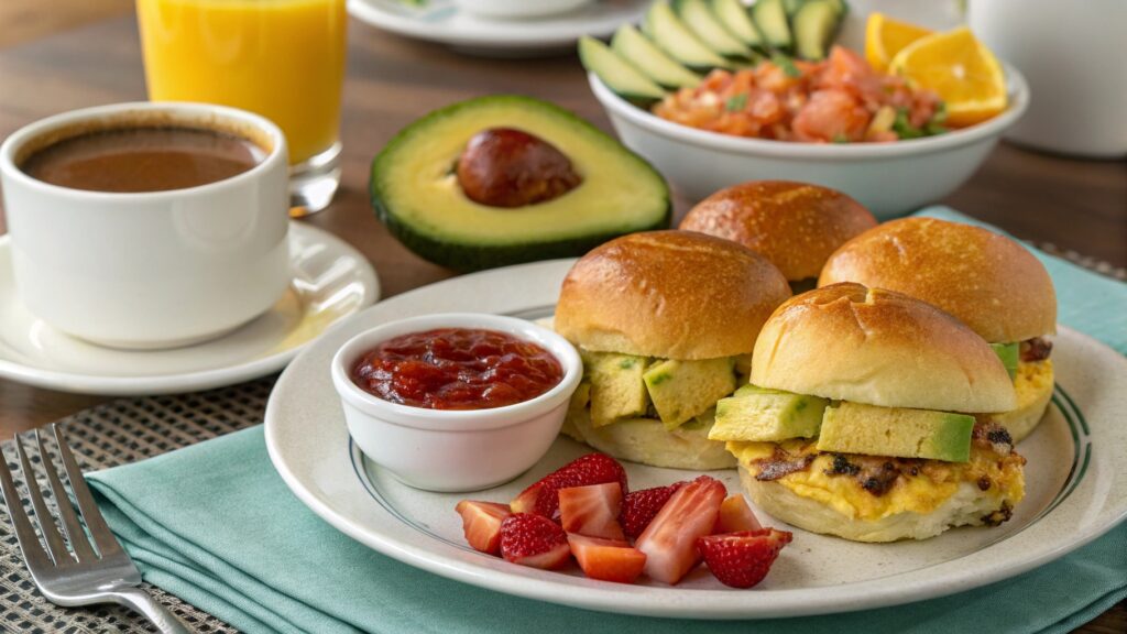 Hawaiian roll breakfast sliders served with fruit, avocado, and salsa