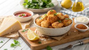 Bowl of Parmesan Cauliflower Bites with herbs and dipping sauces in a sunny kitchen
