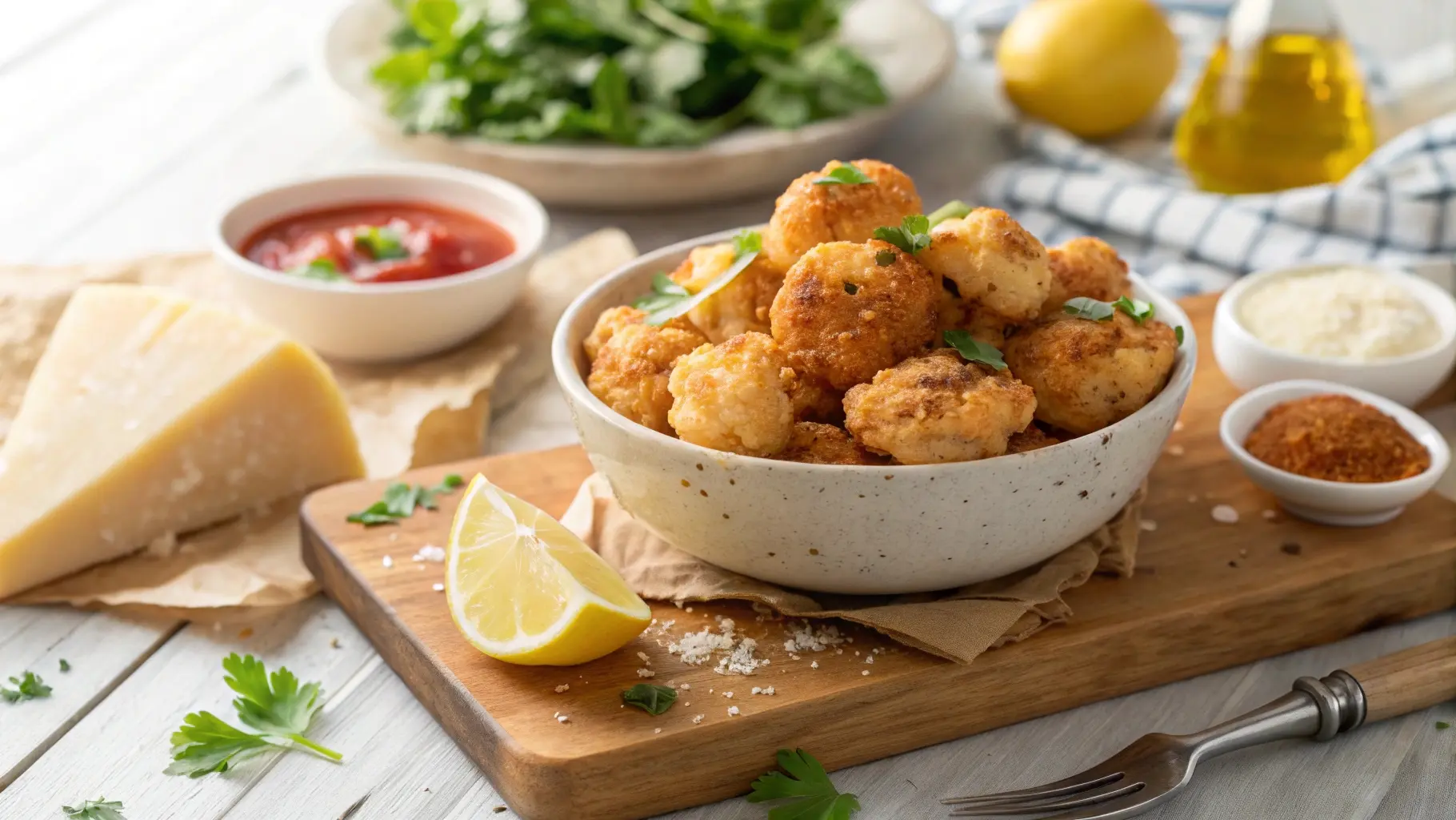Bowl of Parmesan Cauliflower Bites with herbs and dipping sauces in a sunny kitchen