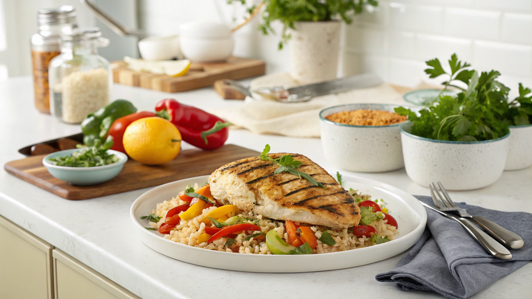 Bright kitchen counter with a plated chicken and veggie Hello Fresh meal and fresh herbs nearby.