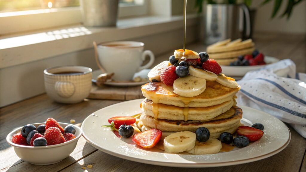 Stack of banana pancakes with syrup, banana slices, and berries on a breakfast table