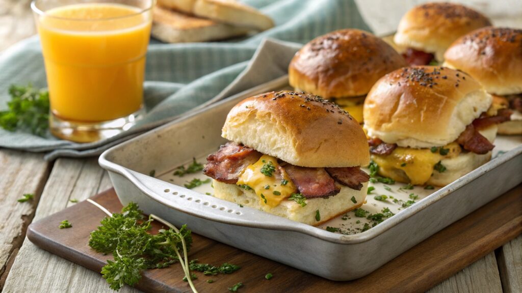 Tray of breakfast sliders with egg, sausage, and cheese on Hawaiian rolls, served with juice
