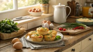 Plate of fluffy cottage cheese egg muffins in a sunny kitchen breakfast scene