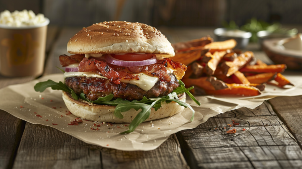 Goat cheese burger with arugula, tomato, and onion on a brioche bun, served with sweet potato fries.