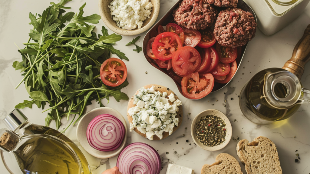 Flat lay of burger ingredients including beef, goat cheese, arugula, and tomatoes on a white surface.