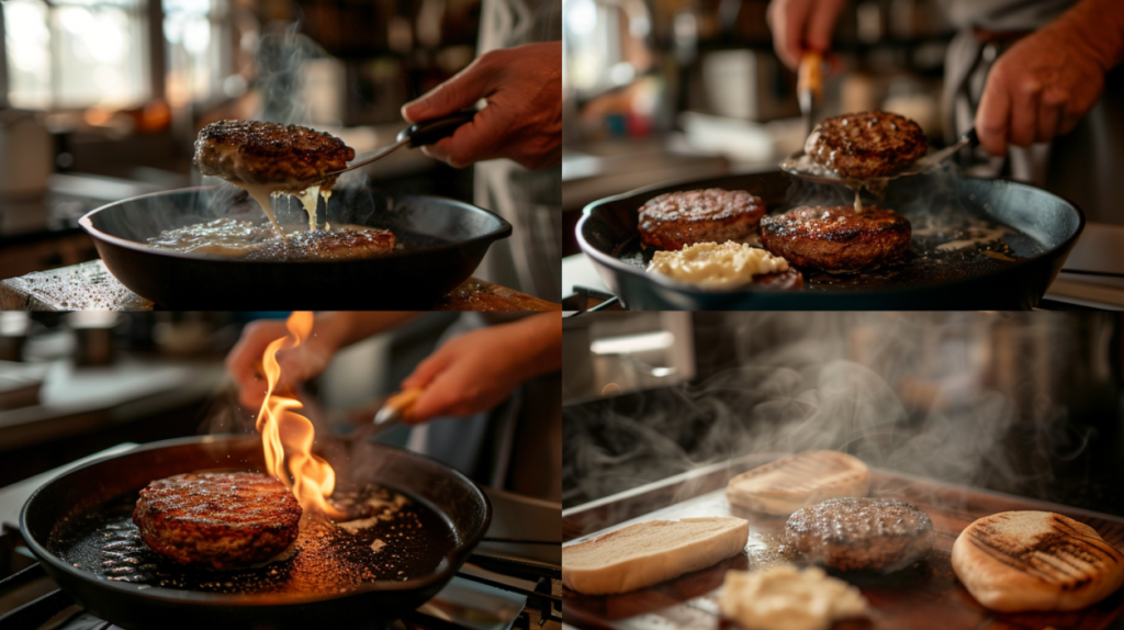 Collage showing how to make goat cheese burgers: mixing, forming, grilling, and topping with cheese.