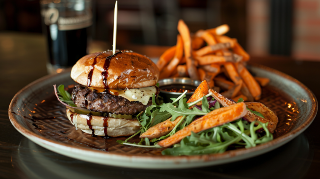 Goat cheese burger served with sweet potato fries and a salad, garnished with herbs and balsamic drizzle.