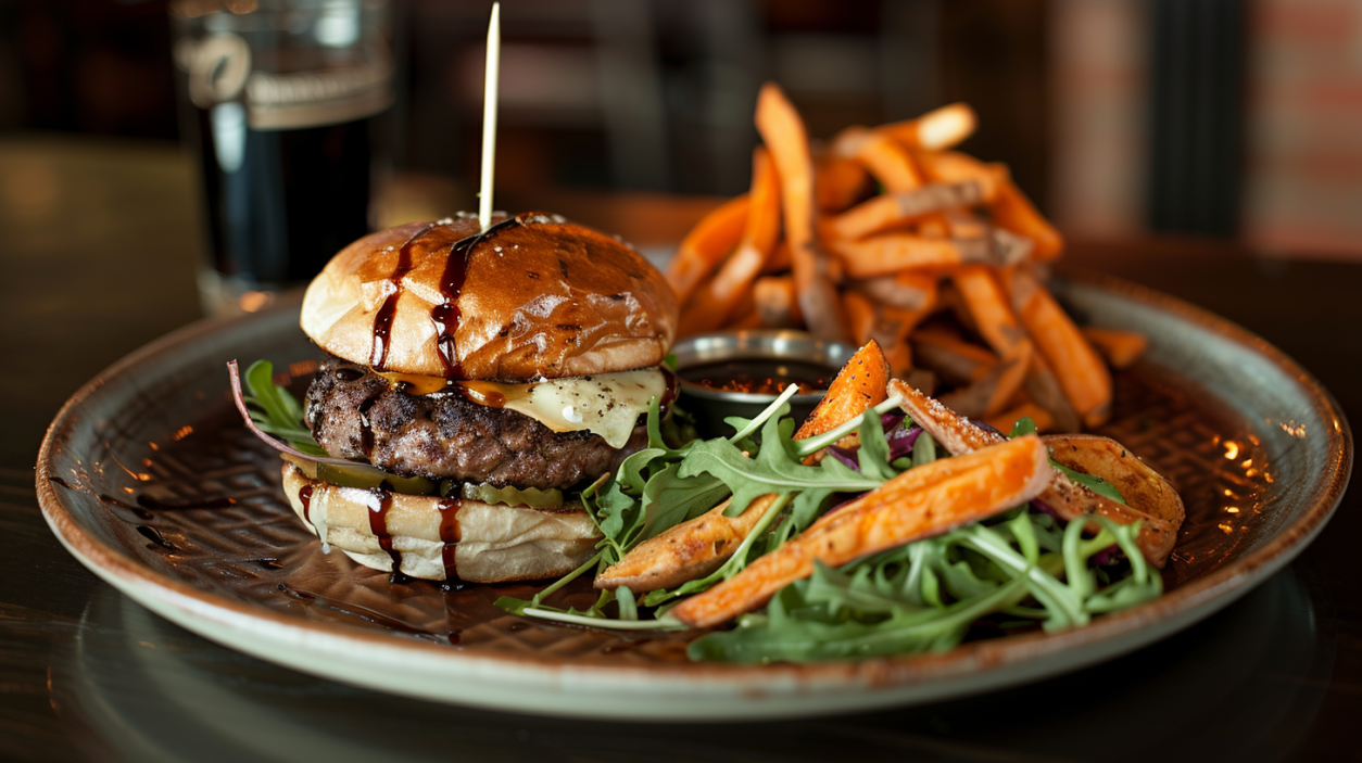Goat cheese burger served with sweet potato fries and a salad, garnished with herbs and balsamic drizzle.