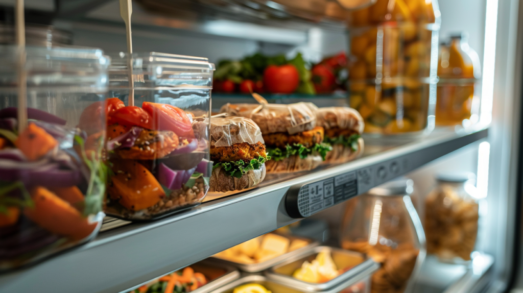 Stored goat cheese burgers in meal prep containers inside a refrigerator.