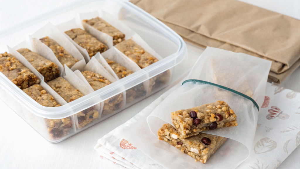 Wrapped cereal bars stored in a labeled container and freezer-safe bag.