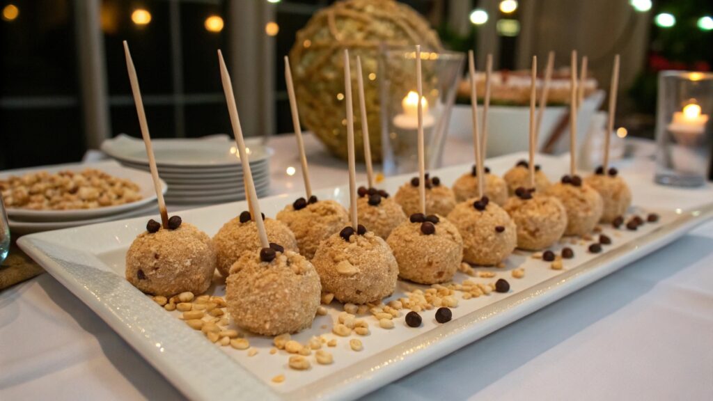 No-Bake Peanut Butter Cheesecake Balls on a serving tray with garnishes.