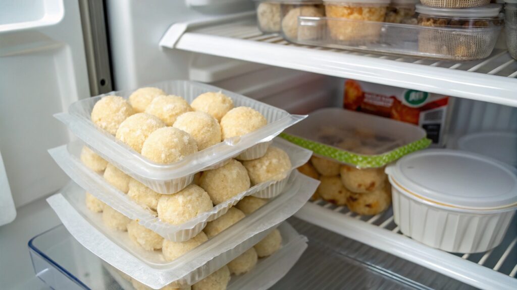 Stored No-Bake Peanut Butter Cheesecake Balls in a container in the fridge.
