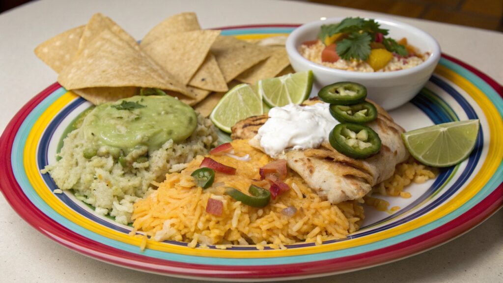 Mexican chicken and rice served with guacamole, sour cream, lime, and tortilla chips