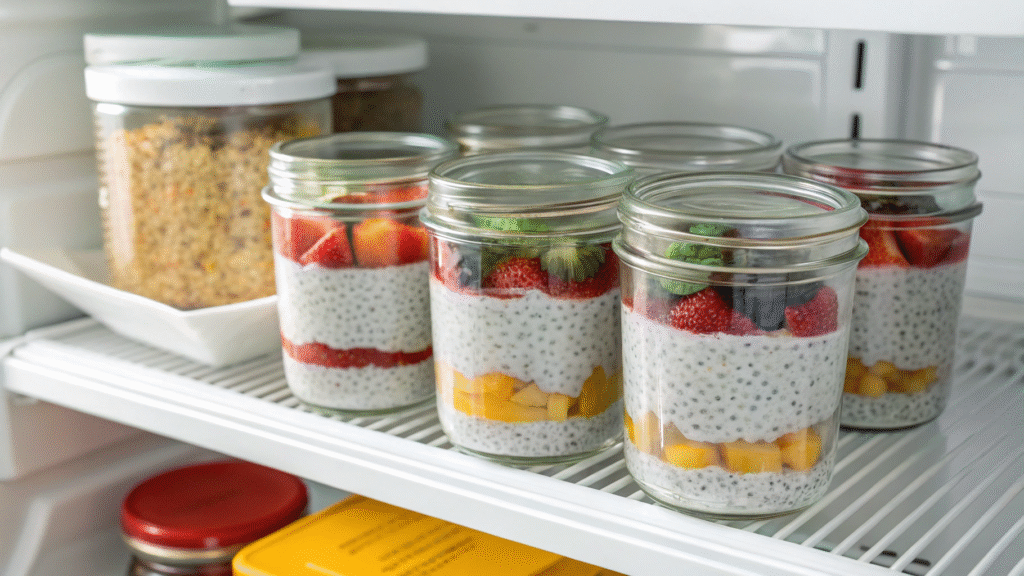 Chia pudding in glass meal prep jars stored in a refrigerator with labeled lids.