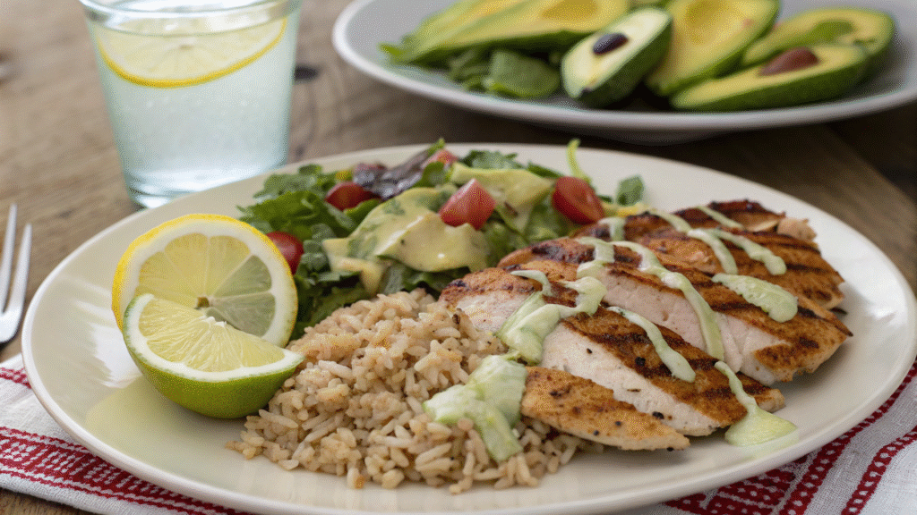 Chicken and rice plate served with salad, avocado, and lemon wedge on the side.