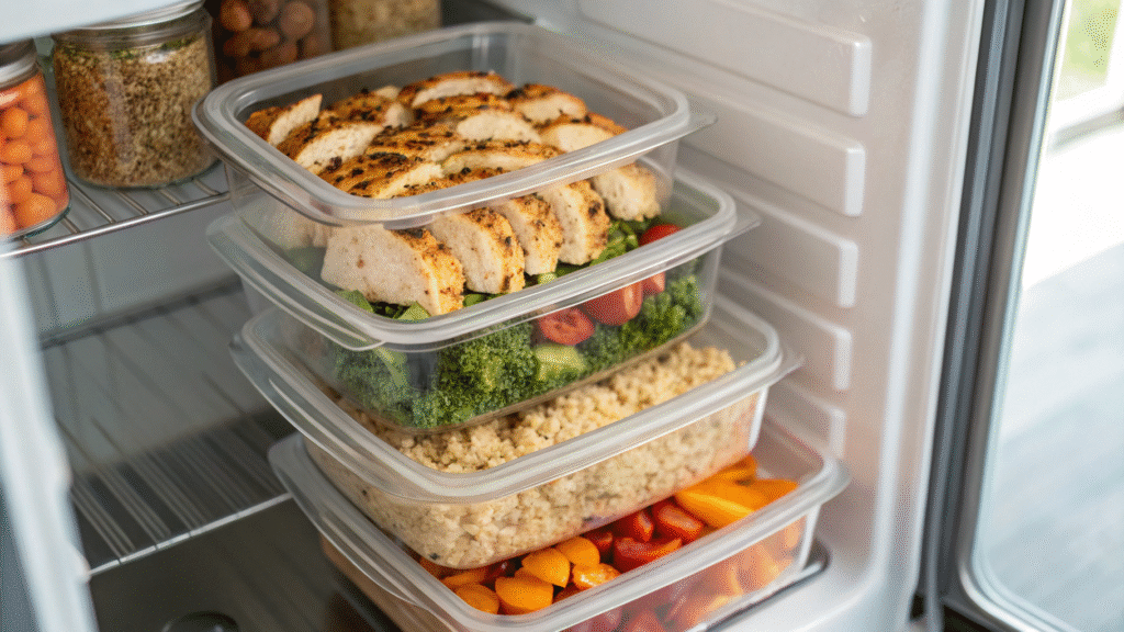 Meal prep containers with quinoa, chicken, and vegetables labeled and stored in the fridge.