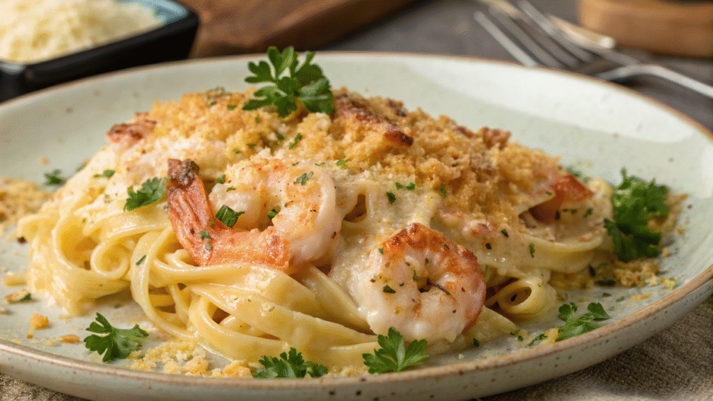 Easy Cheesy Shrimp Scampi Pasta Bake