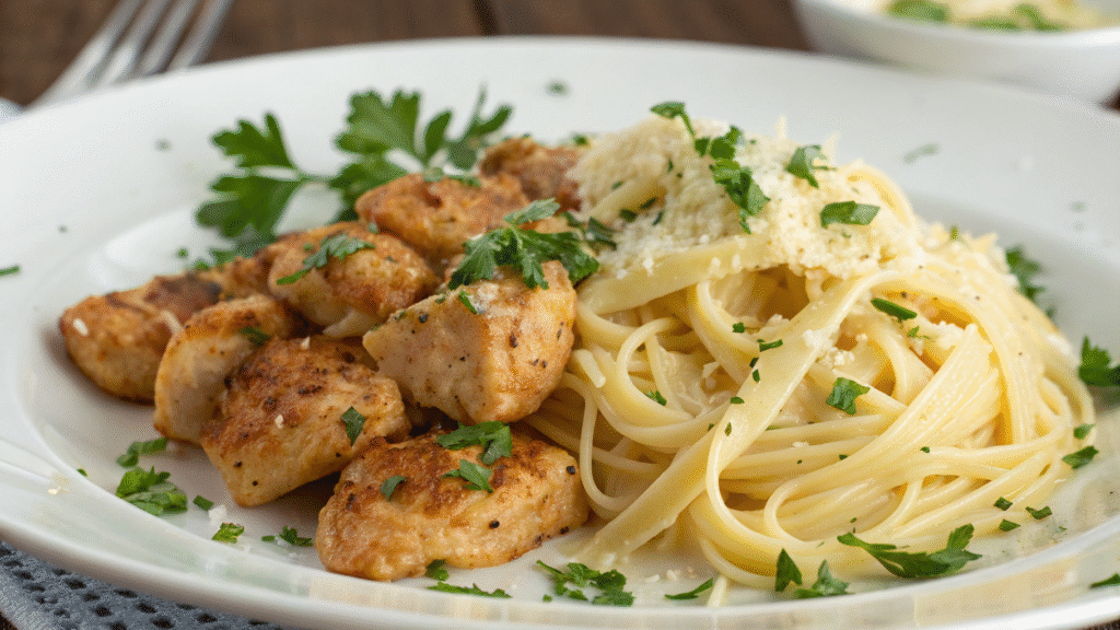 Garlic Butter Chicken Bites with Savory Creamy Parmesan Pasta