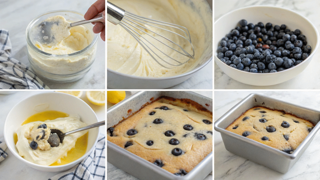Step-by-step photo collage of blueberry cake preparation and frosting.