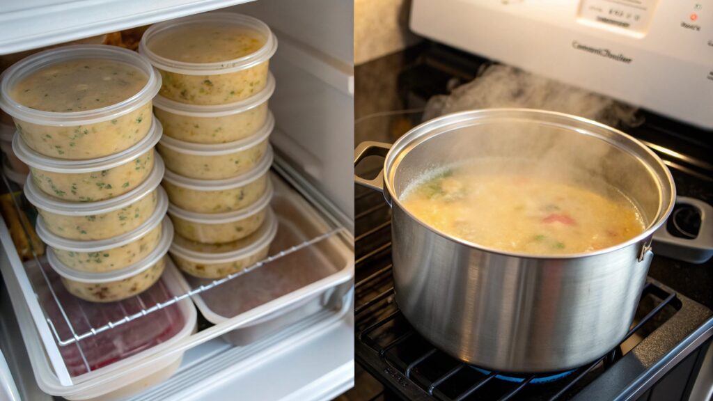 Baked potato soup stored in containers and reheated on a stovetop