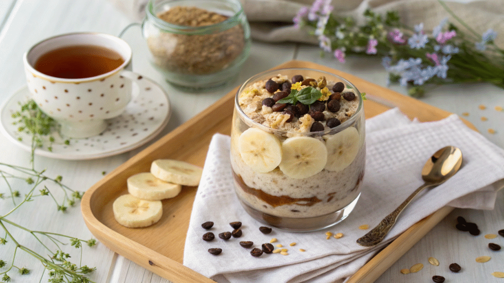 Overnight oats layered with almond butter, chocolate chips, and banana slices in a glass.