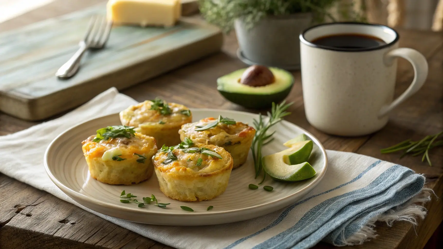 Plate of egg muffins with tater tot crusts and avocado slices on a wooden breakfast table