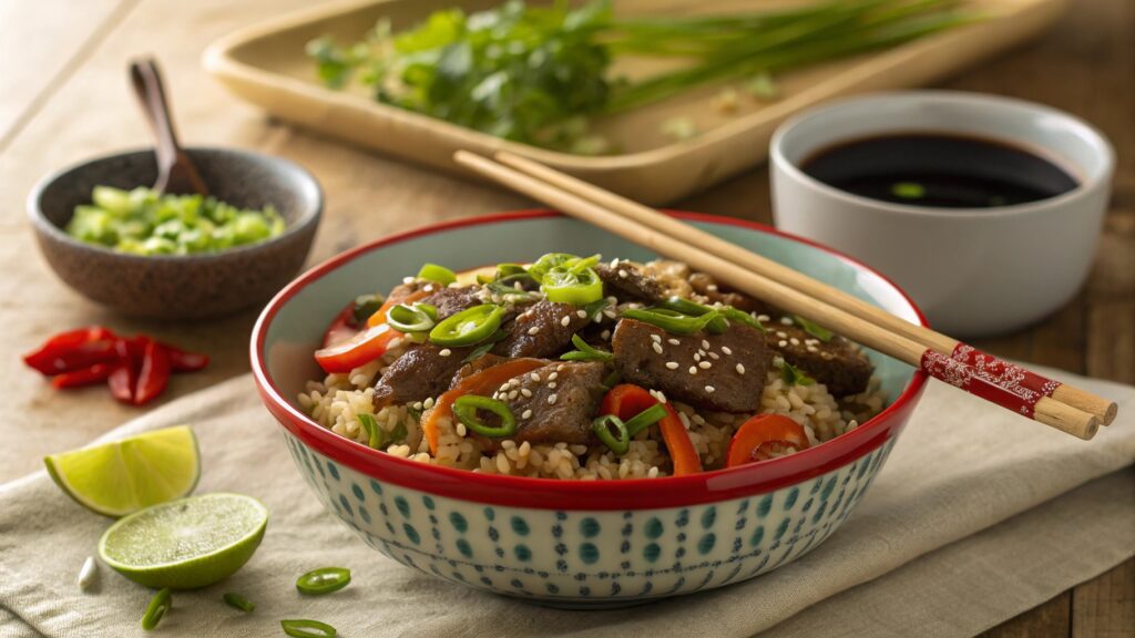 Beef and Pepper Rice Bowl garnished with green onions, sesame seeds, and lime wedges