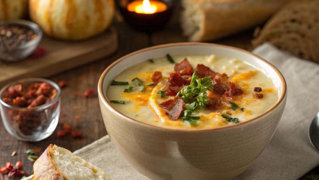 Bowl of baked potato soup topped with cheese, bacon, and chives on a rustic table