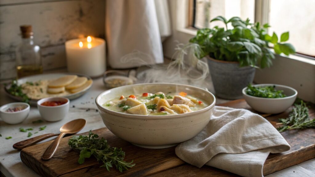 Creamy Marry Me Chicken Tortellini Soup in a bowl on a rustic table with herbs and candlelight