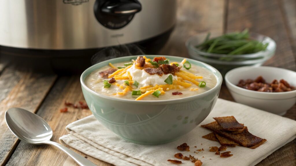 Steaming bowl of loaded potato soup with toppings and a crockpot in the background