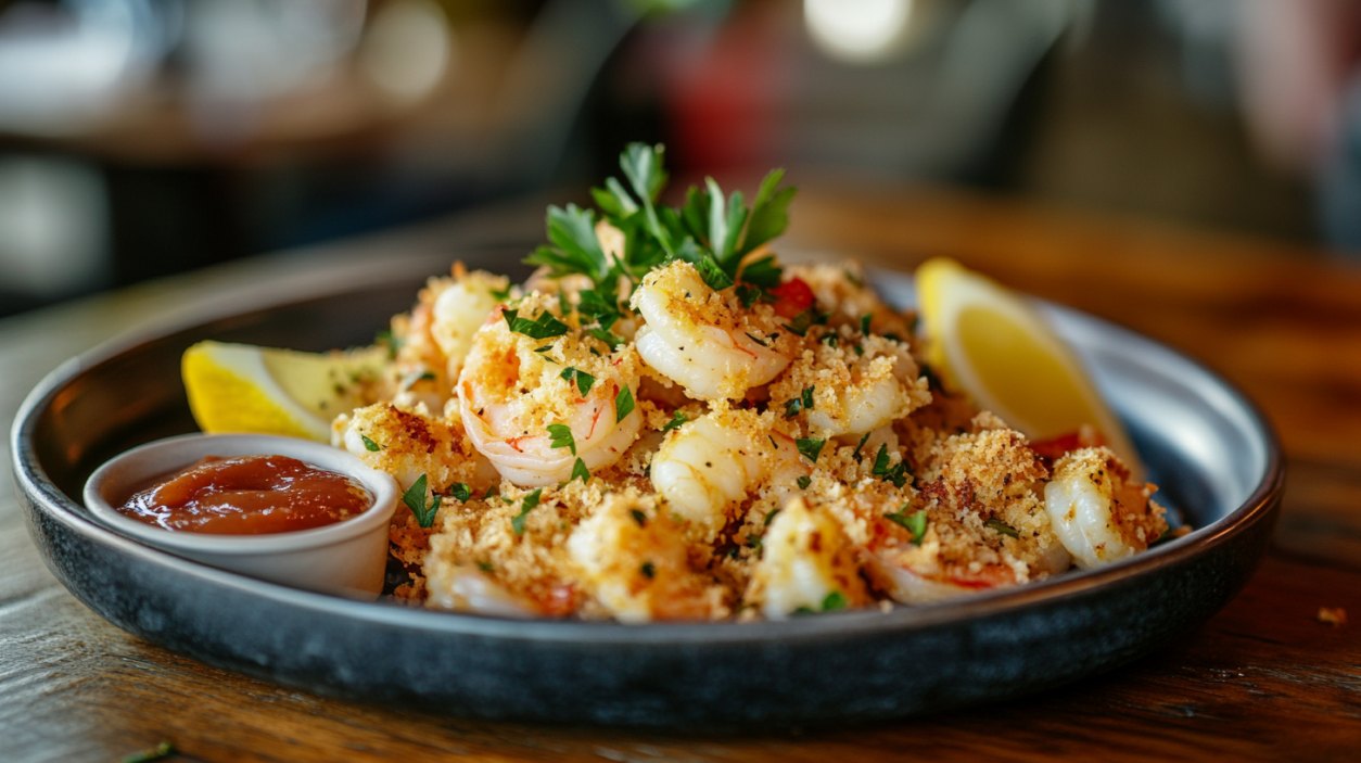 Golden shrimp casino with crispy topping on a plate, garnished with lemon wedges and parsley, served with cocktail sauce.